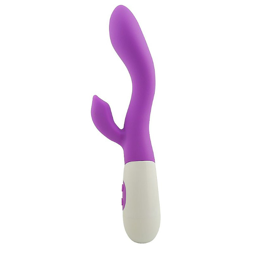 Vibrador Duplo em Silicone Suzy Roxo de frente, destacando o corpo vibrat�rio principal e o estimulador clitoriano