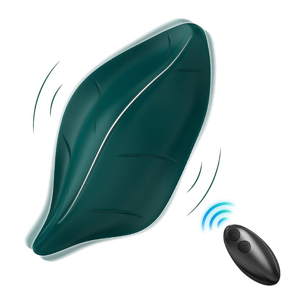 Vibrador para Clit�ris Leaf Verde em silicone mostrando a parte traseira lisa e o controle sem fio