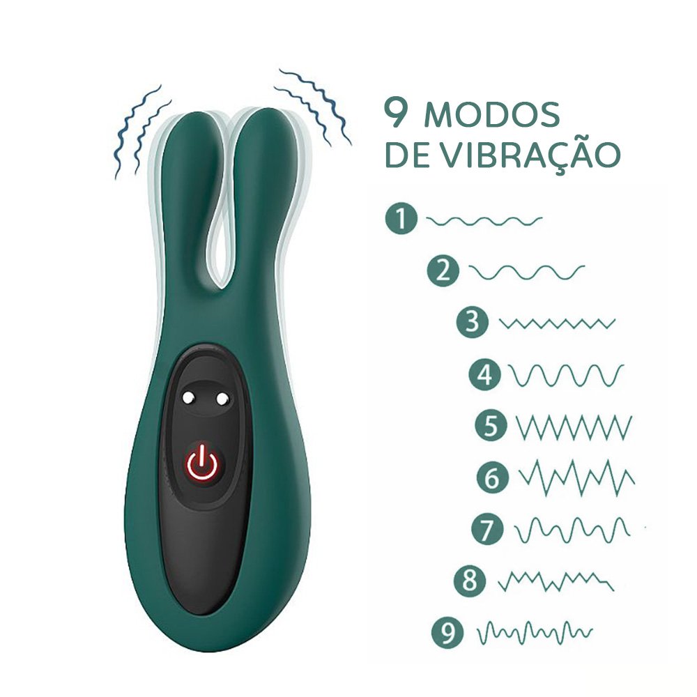 Vibrador para Clit�ris Recarreg�vel em Silicone com 9 Vibra��es Rabbit Verde e indica��o dos modos de vibra��o