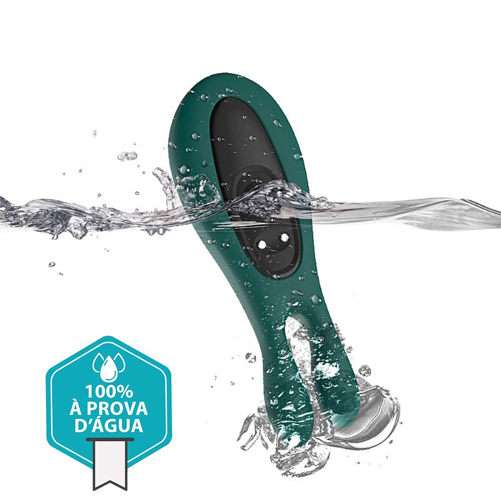 Vibrador para Clit�ris Recarreg�vel em Silicone com 9 Vibra��es Rabbit Verde submerso na �gua, destacando ser 100% � prova d'�gua