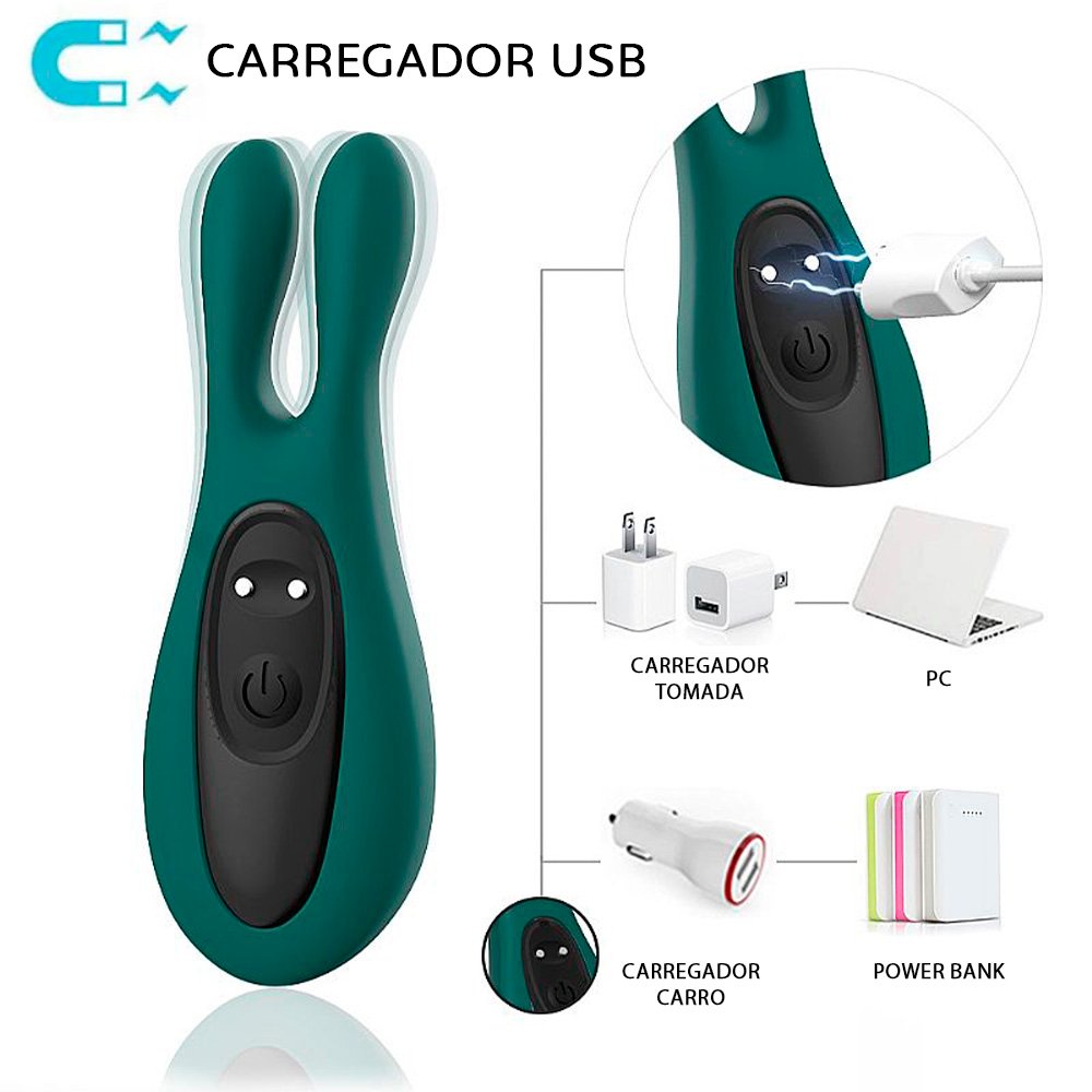 Vibrador para Clit�ris Recarreg�vel em Silicone com 9 Vibra��es Rabbit Verde em cena de uso simulada