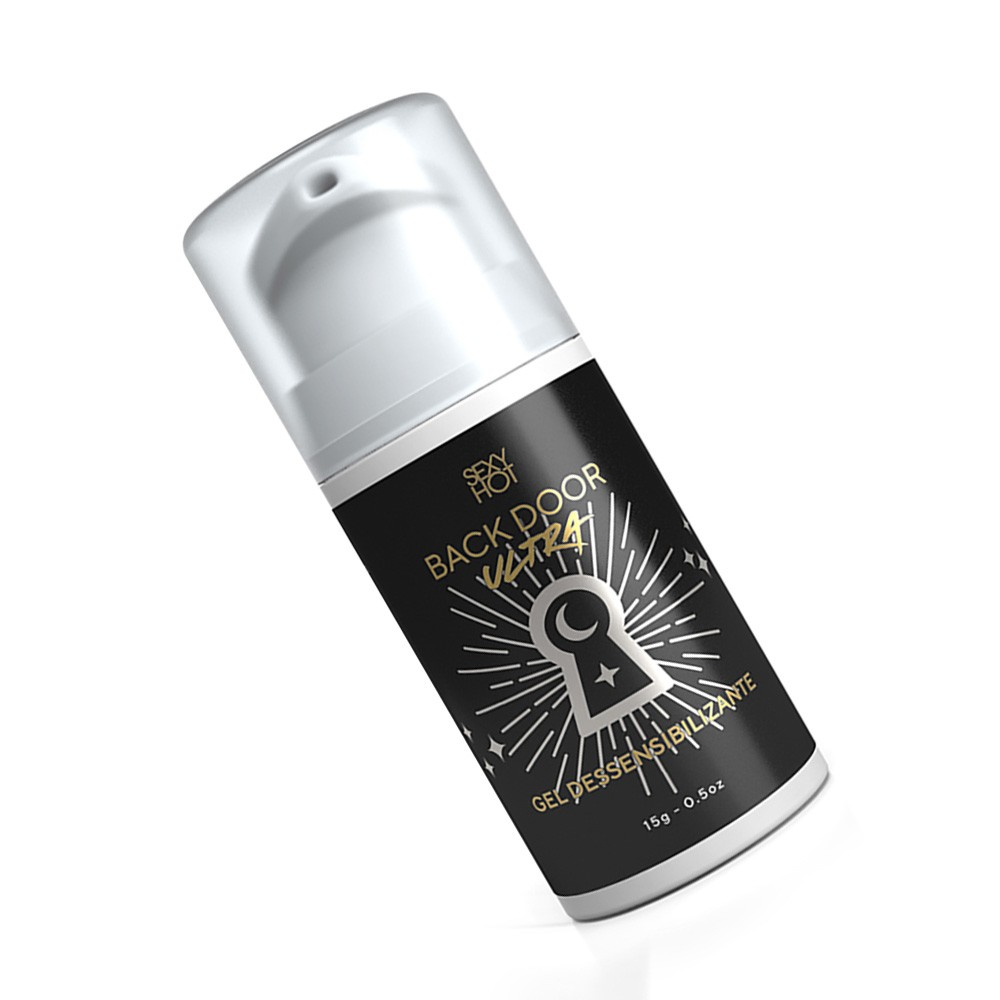 Gel para Sexo Anal Back Door Ultra 15g, exibindo o texto do produto no frasco