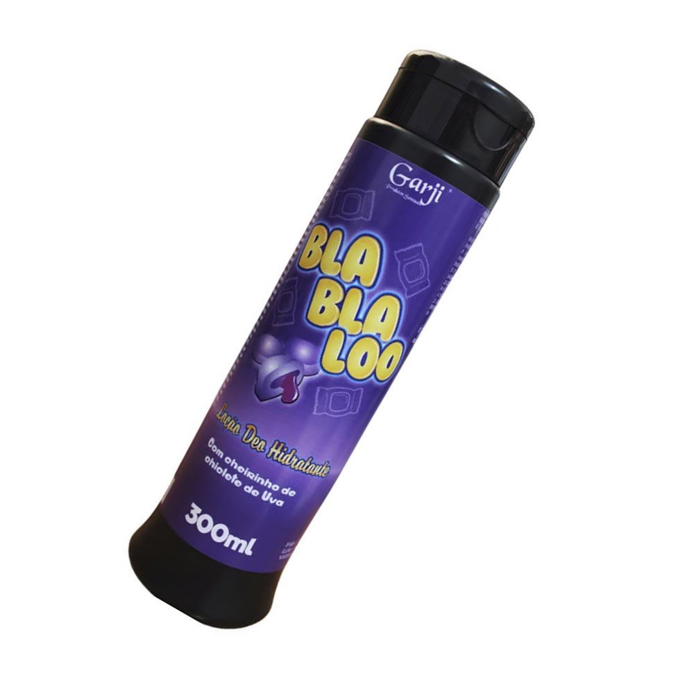 Lo��o Deo Hidratante BlaBlaLoo com Cheirinho de Chiclete de Uva 300ml em �ngulo lateral superior, destacando a tampa preta