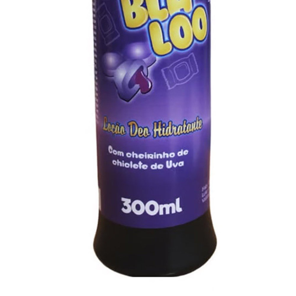 Lo��o Deo Hidratante BlaBlaLoo 300ml completa, destacando o r�tulo roxo com logo grande em amarelo