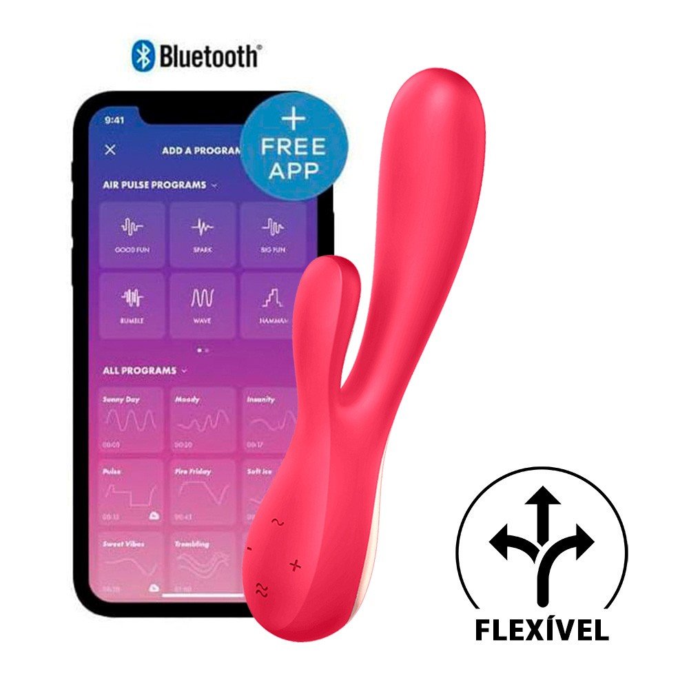 Vibrador Duplo em Silicone Recarregavel Multivelocidade Mono Flex Rosa e aplicativo de controle.