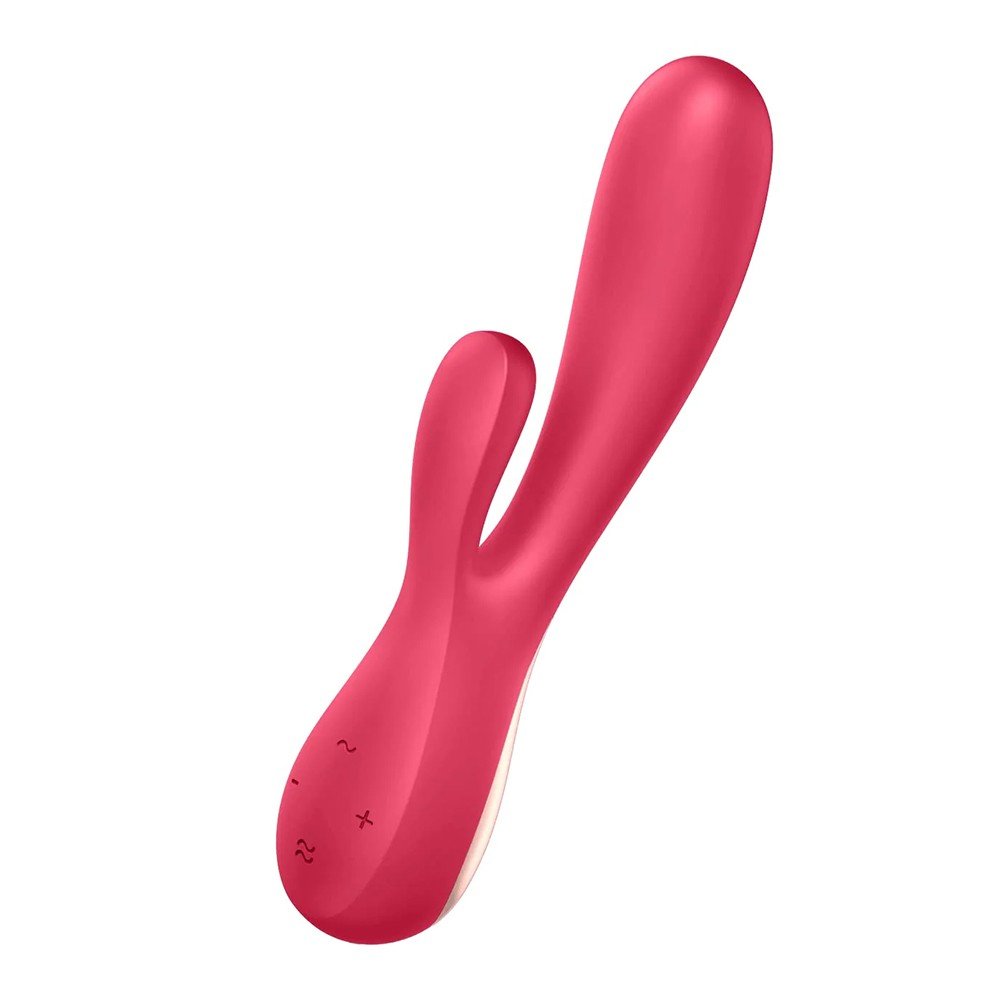 Vibrador Duplo em Silicone Recarregavel Multivelocidade Mono Flex Rosa, vista lateral.