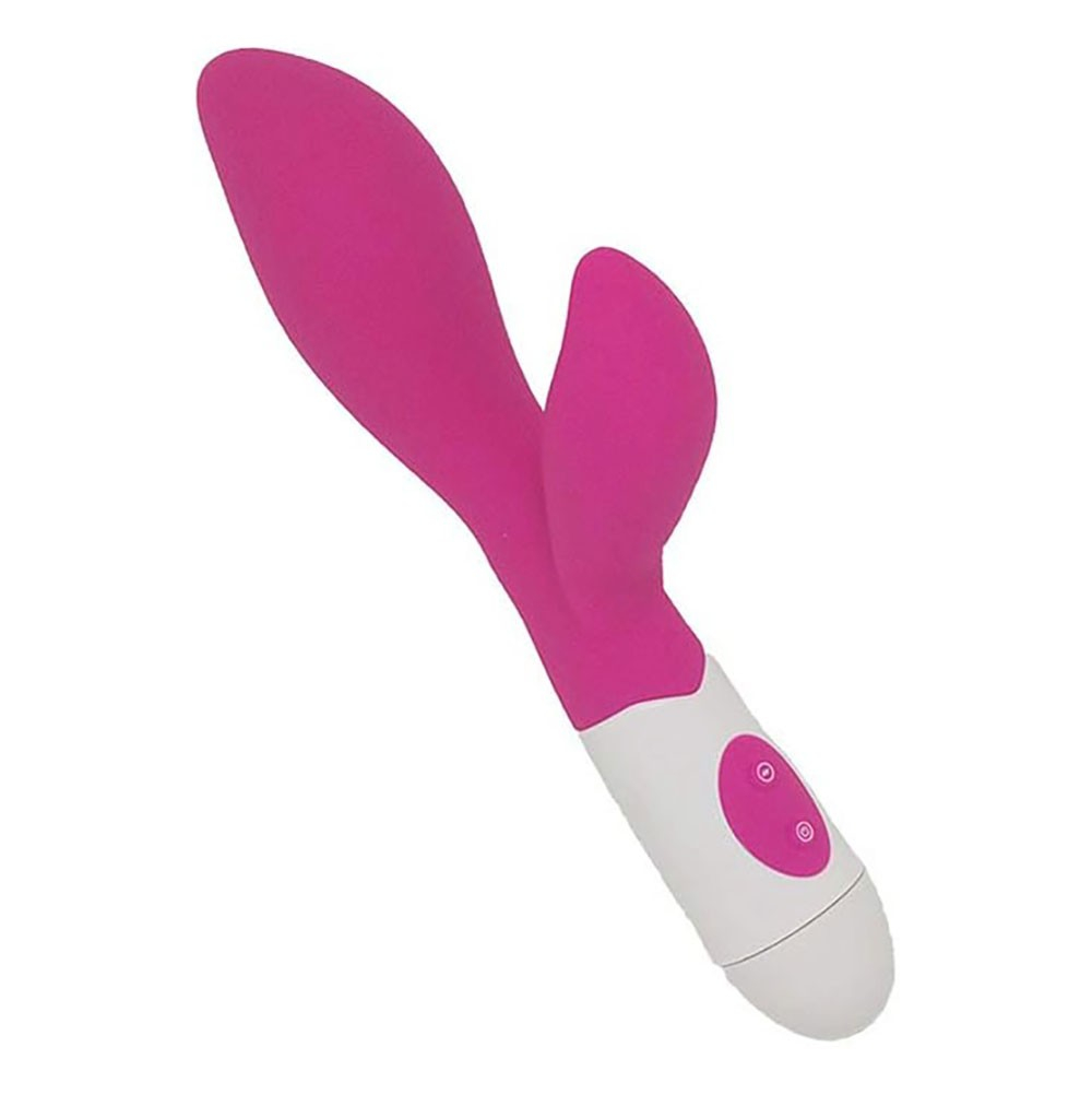 Vibrador Duplo Brid Pink em angulo superior, mostrando o toque aveludado do silicone e os botoes de controle na base, em fundo branco