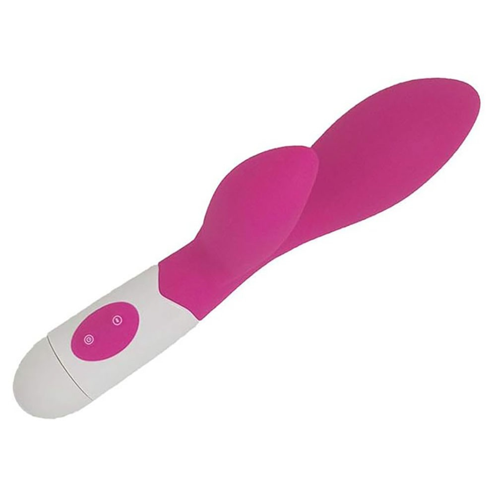 Vibrador Brid Pink posicionado de forma a destacar as duas hastes de estimulacao, em um angulo que mostra sua versatilidade para prazer duplo, em fundo branco