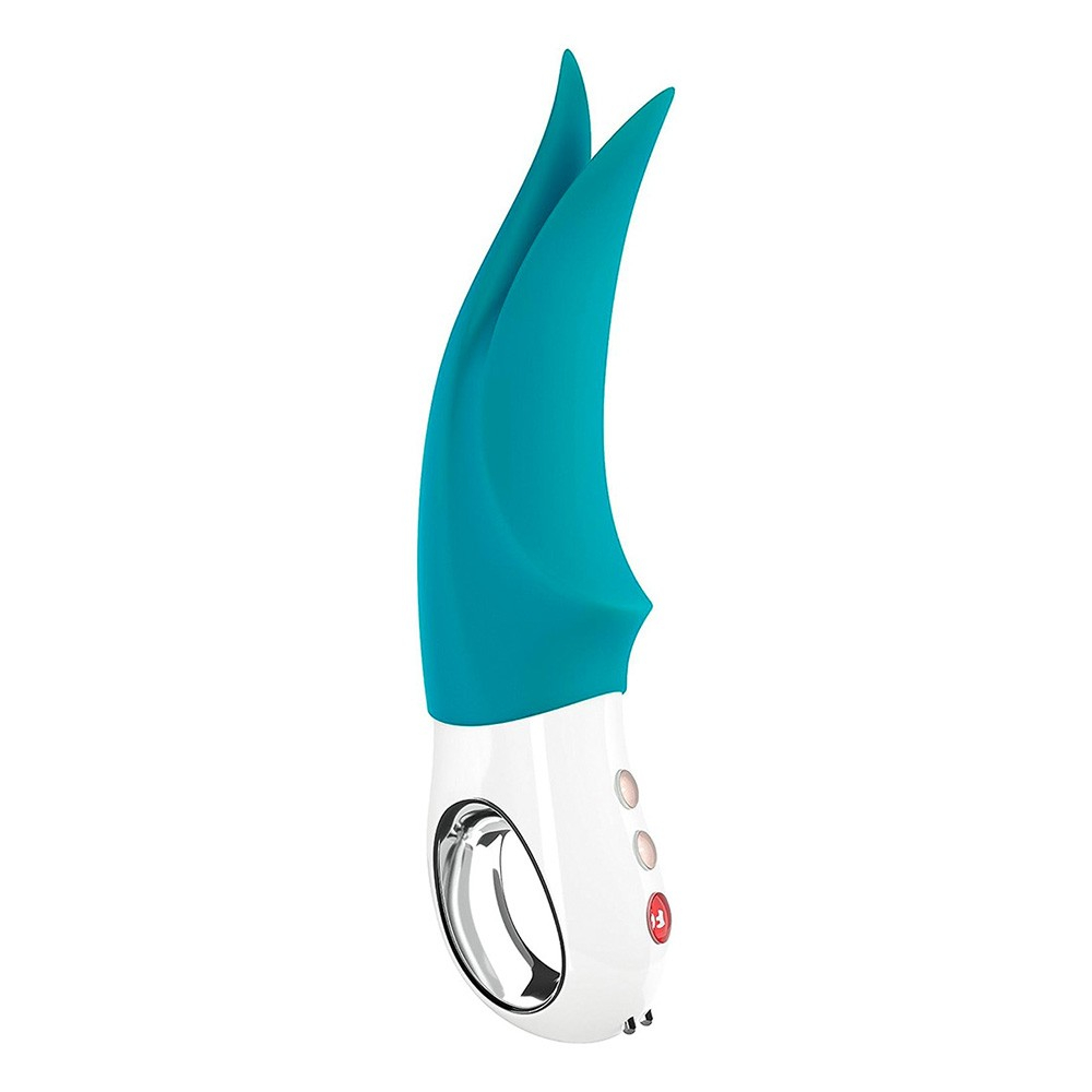 Vibrador para Clit�ris Volta Azul em vista lateral, exibindo a curvatura e os detalhes dos bot�es
