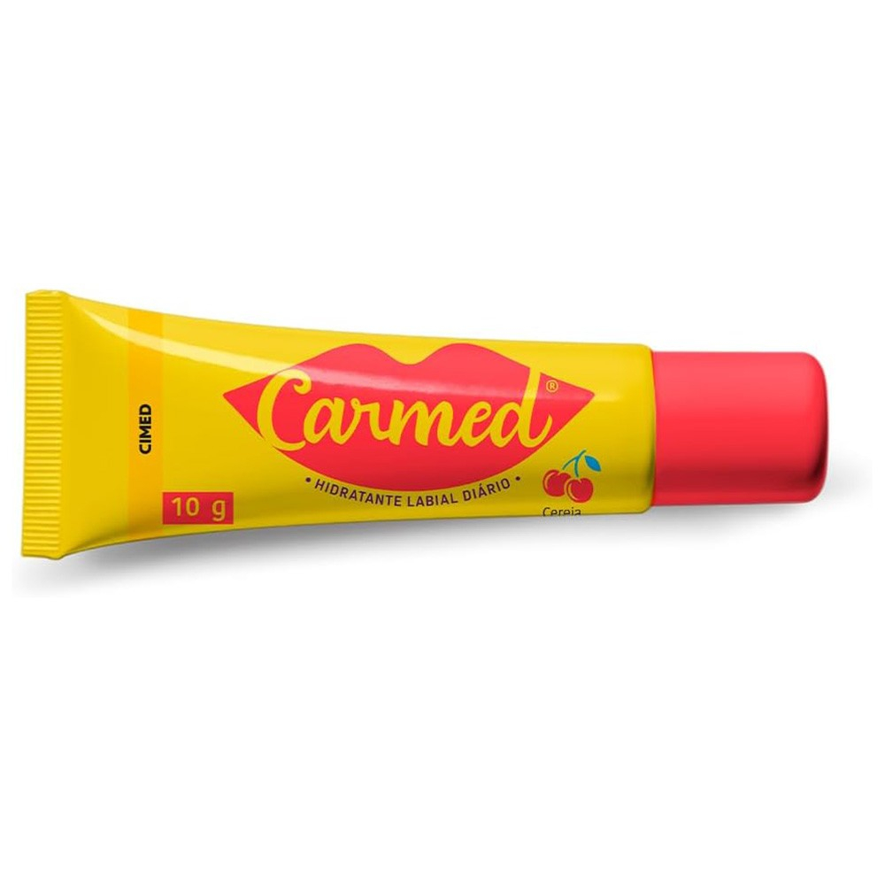 Carmed Incolor Aroma de Cereja 10g em vista superior, embalagem amarela e tampa vermelha, sobre fundo branco