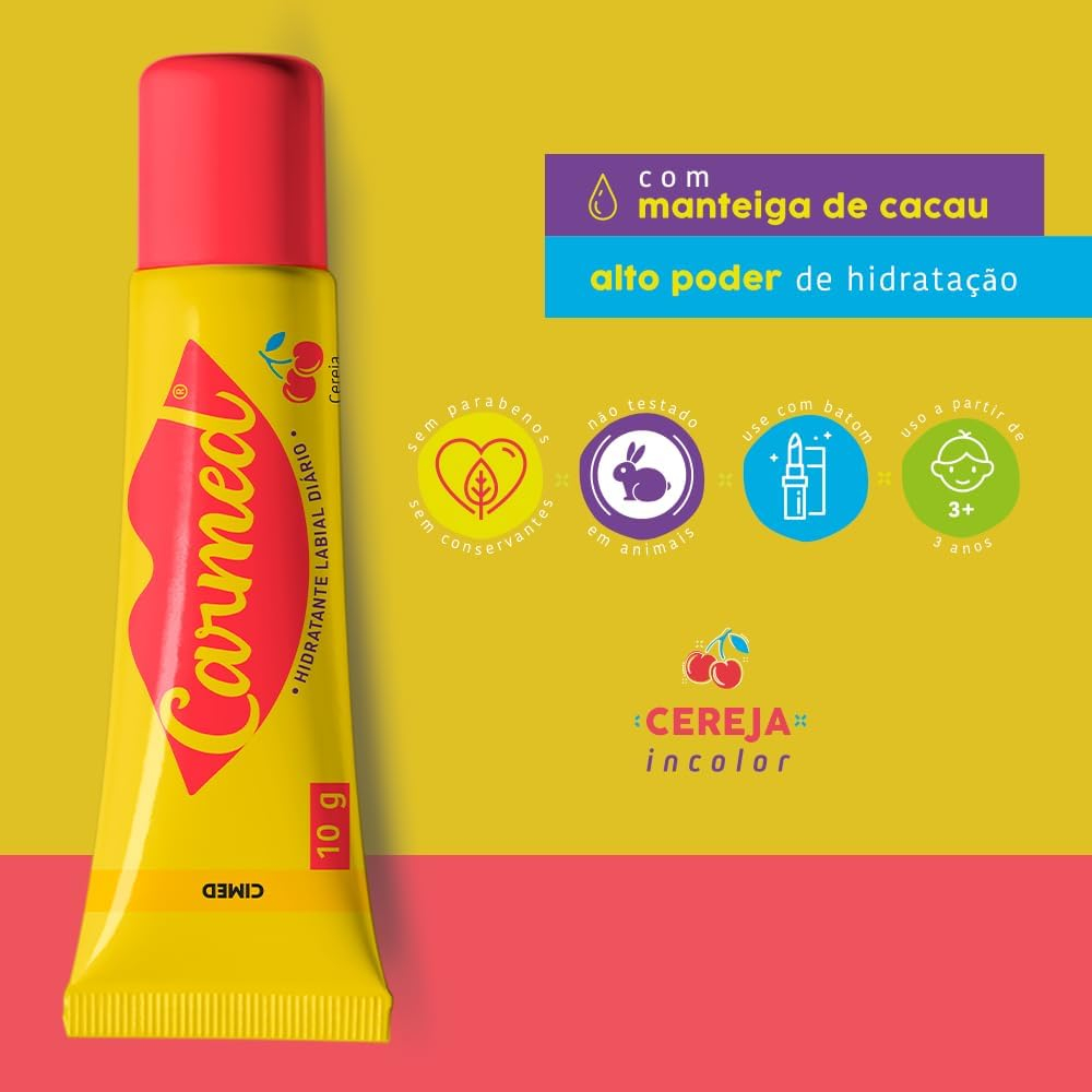 Carmed Incolor Aroma de Cereja 10g na embalagem, destacando a textura do tubo e a marca Cimed