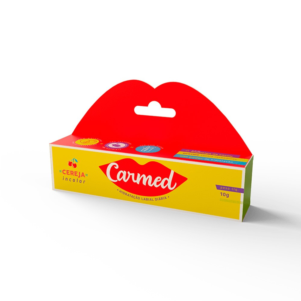 Carmed Incolor Aroma de Cereja 10g exibindo as informa��es de peso l�quido e aroma no r�tulo