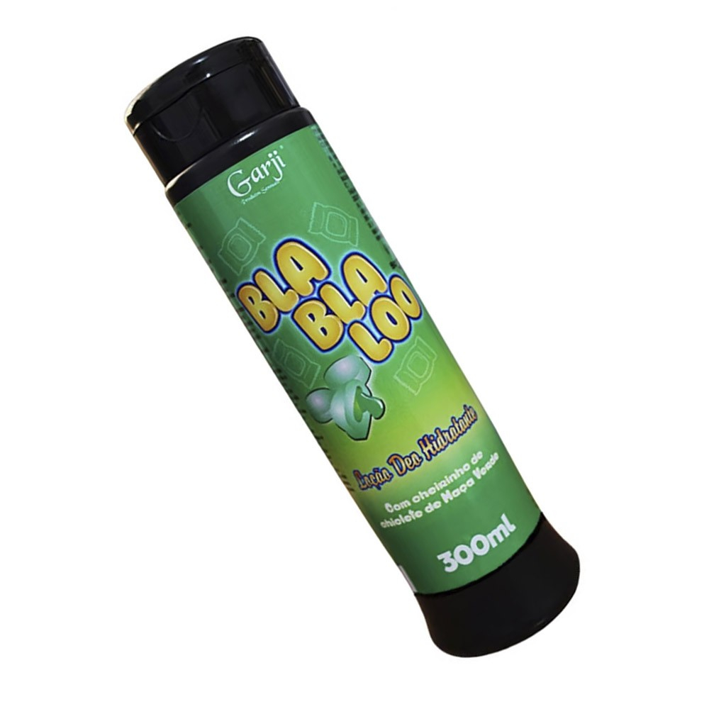 Lo��o Deo Hidratante BlaBlaLoo Chiclete Ma�� Verde 300ml, frasco em perspectiva lateral, mostrando a tampa preta e o r�tulo