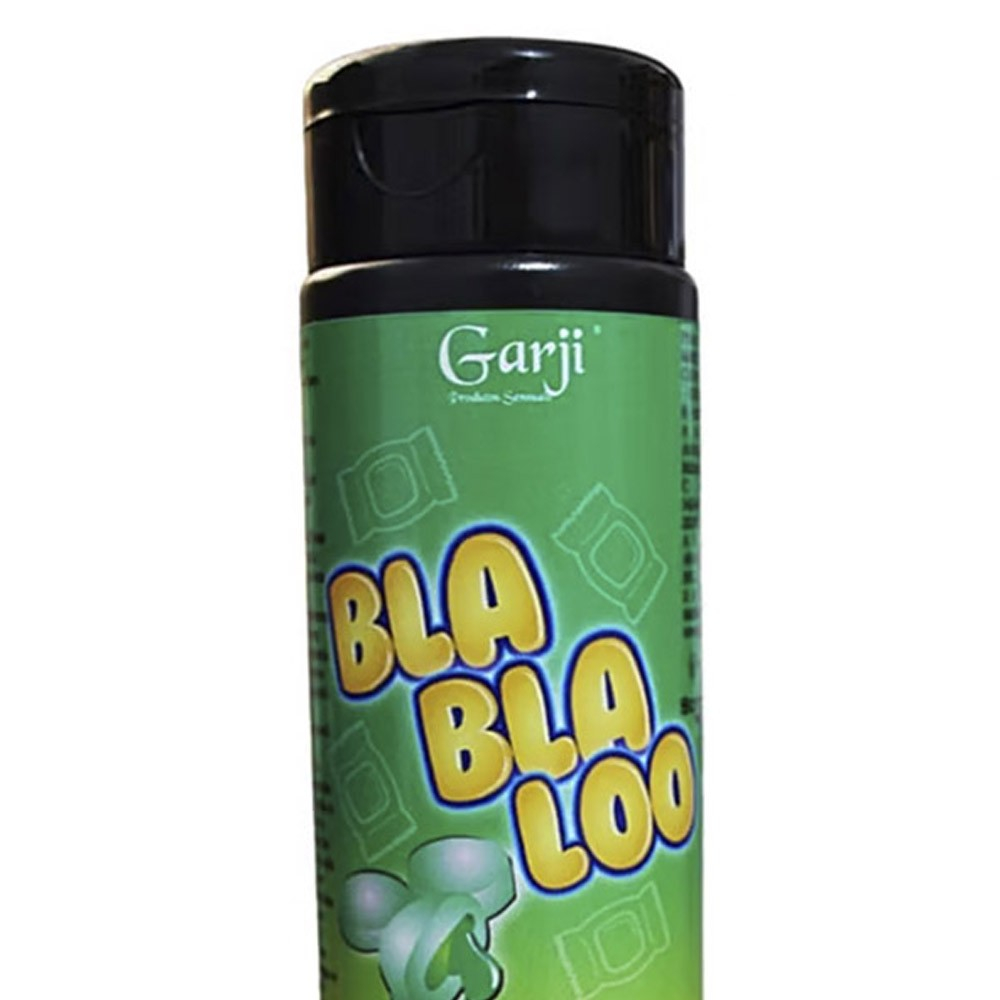 Close do r�tulo da Lo��o Deo Hidratante BlaBlaLoo Chiclete Ma�� Verde, detalhando o nome do produto e o cheirinho