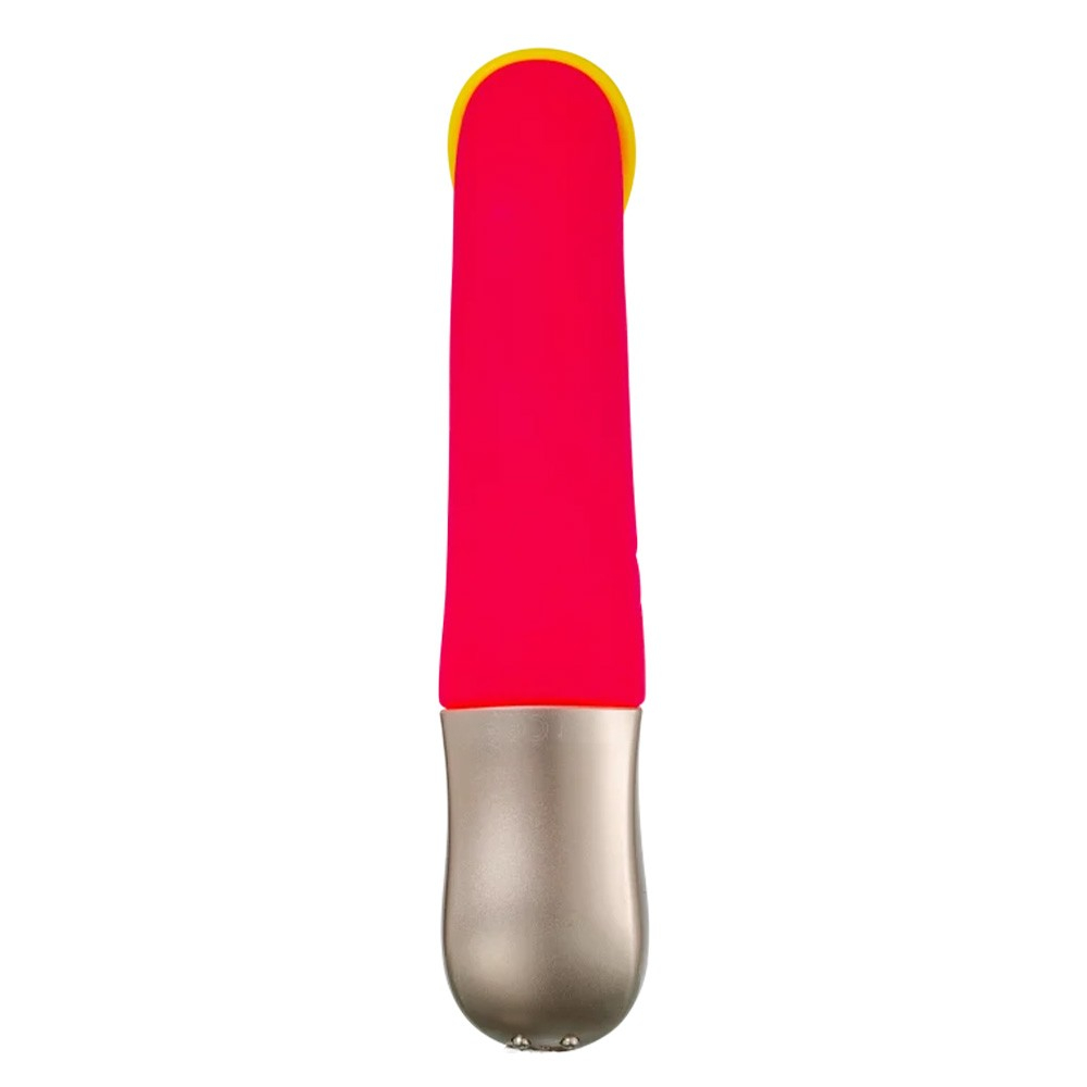 Vibrador Duplo Amorino Pink em vista dorsal, mostrando o corpo principal em silicone pink brilhante e a base elegante