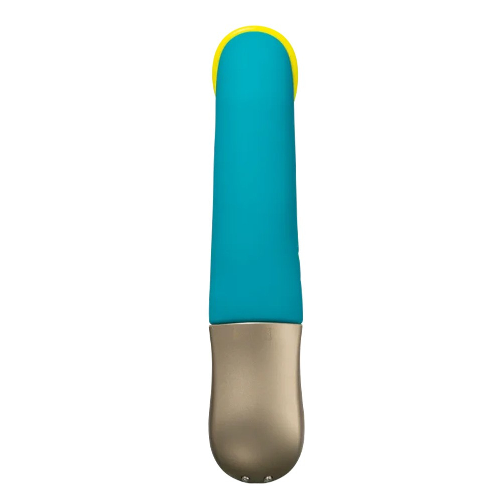 Vista traseira do Vibrador Duplo Amorino Azul, real�ando o formato da haste principal e a textura do silicone.