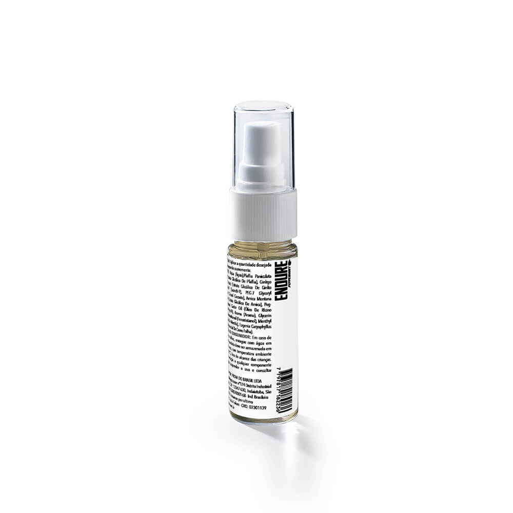 Kit Pague 5 Leve 6 Spray Retardante Intensificador de Ere��o EnDURE Peppermint 15ml Cada - Vista traseira de uma das unidades do spray Endure Peppermint de 15ml, exibindo o r�tulo com informa��es de composi��o, modo de uso e dados do fabricante.