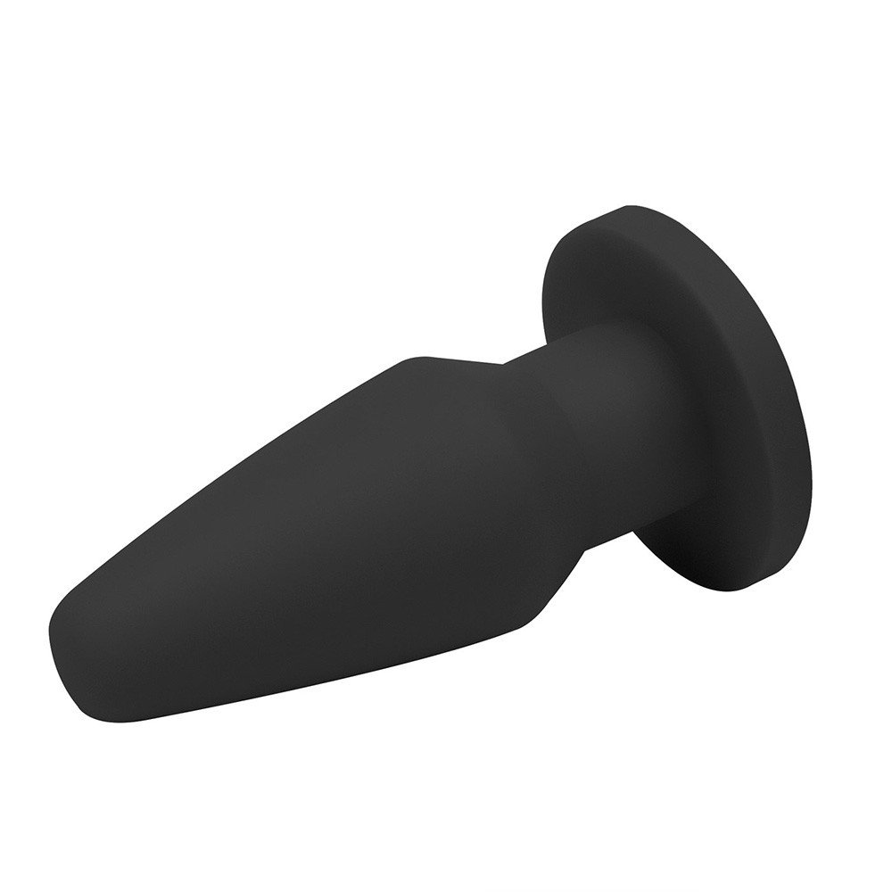 Plug anal flex�vel preto, vista lateral destacando o formato c�nico e a base de seguran�a