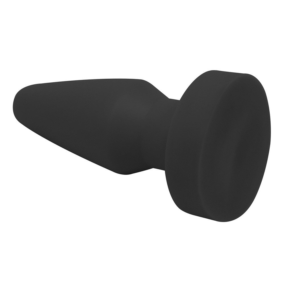 Plug anal flex�vel preto, vista diagonal da base para a ponta, evidenciando o material macio