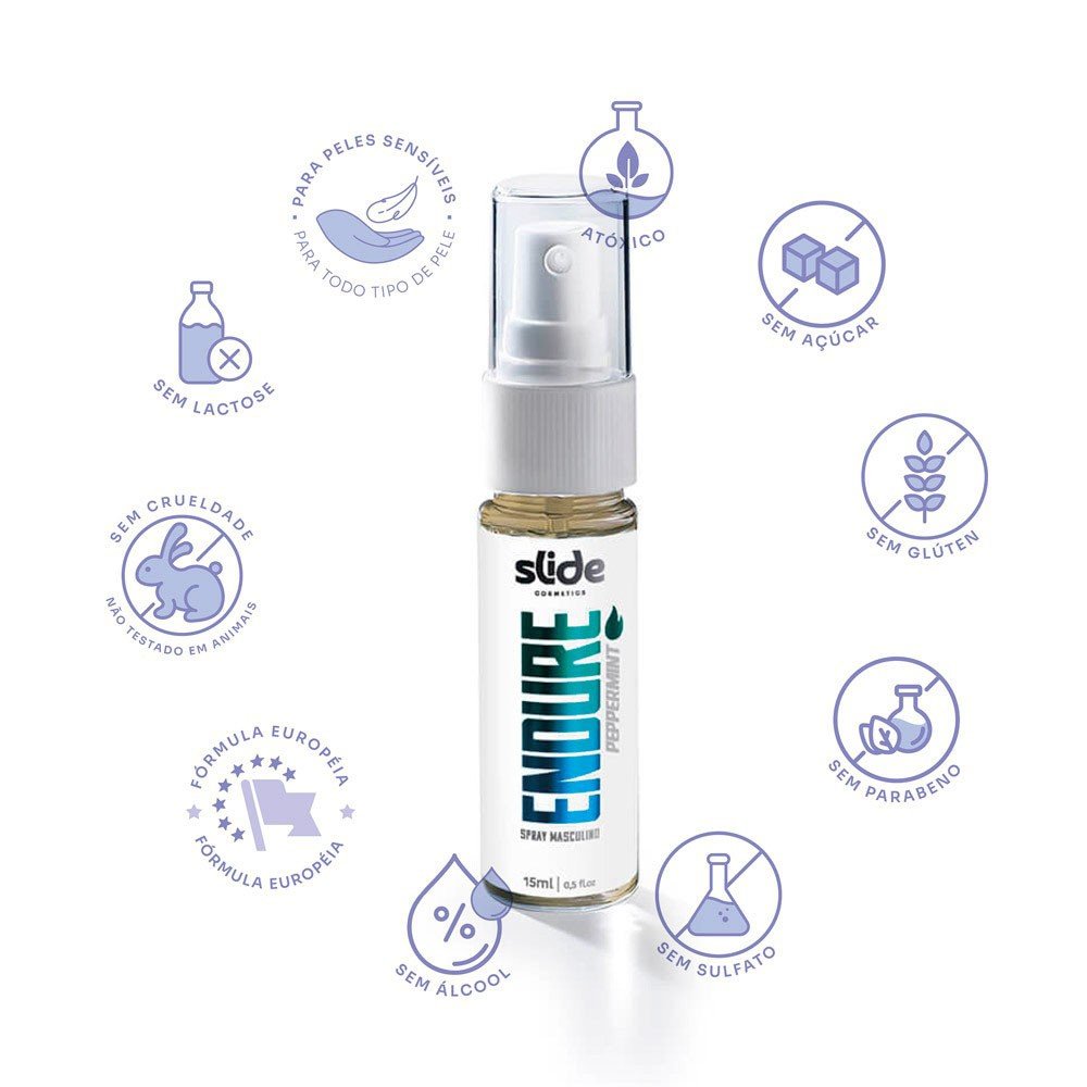 Spray Retardante Intensificador de Ere��o EnDURE com informa��es de uso e benef�cios de lubrifica��o extra, ere��o prolongada e sensa��o refrescante, com imagem de um corpo masculino