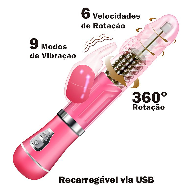 Vibrador Rabbit Recarreg�vel Coelho II Rosa com as 6 velocidades de rota��o e 9 modos de vibra��o ilustrados