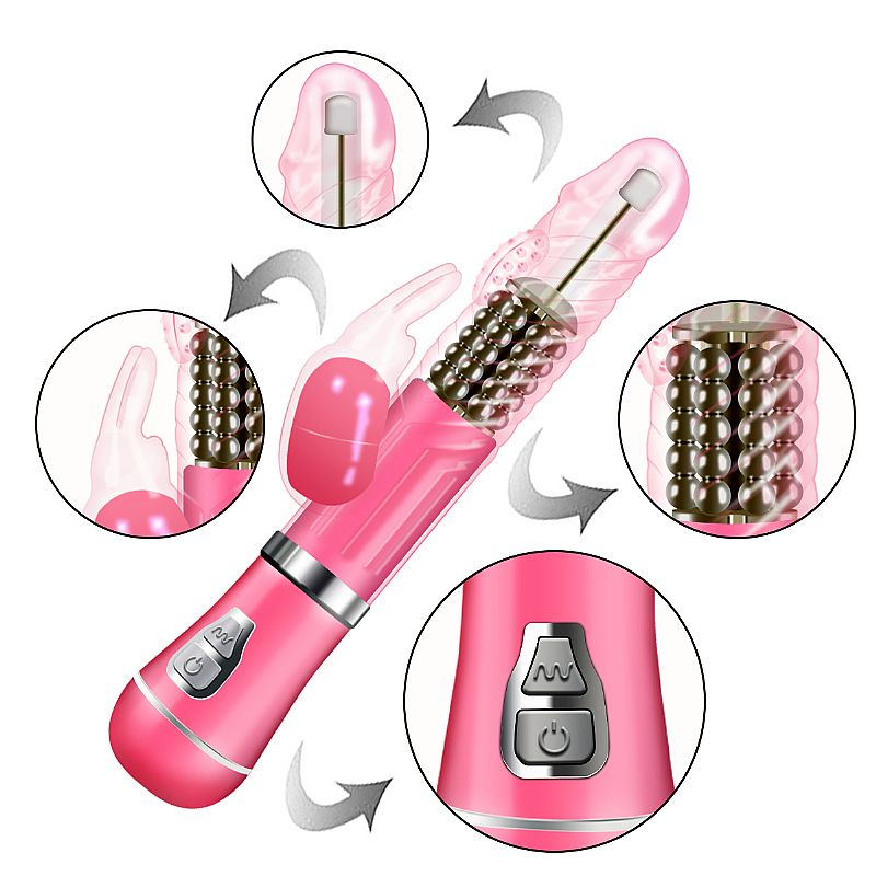 Detalhes operacionais do Vibrador Rabbit Recarreg�vel Coelho II Rosa, com zoom nos bot�es e nas fun��es internas