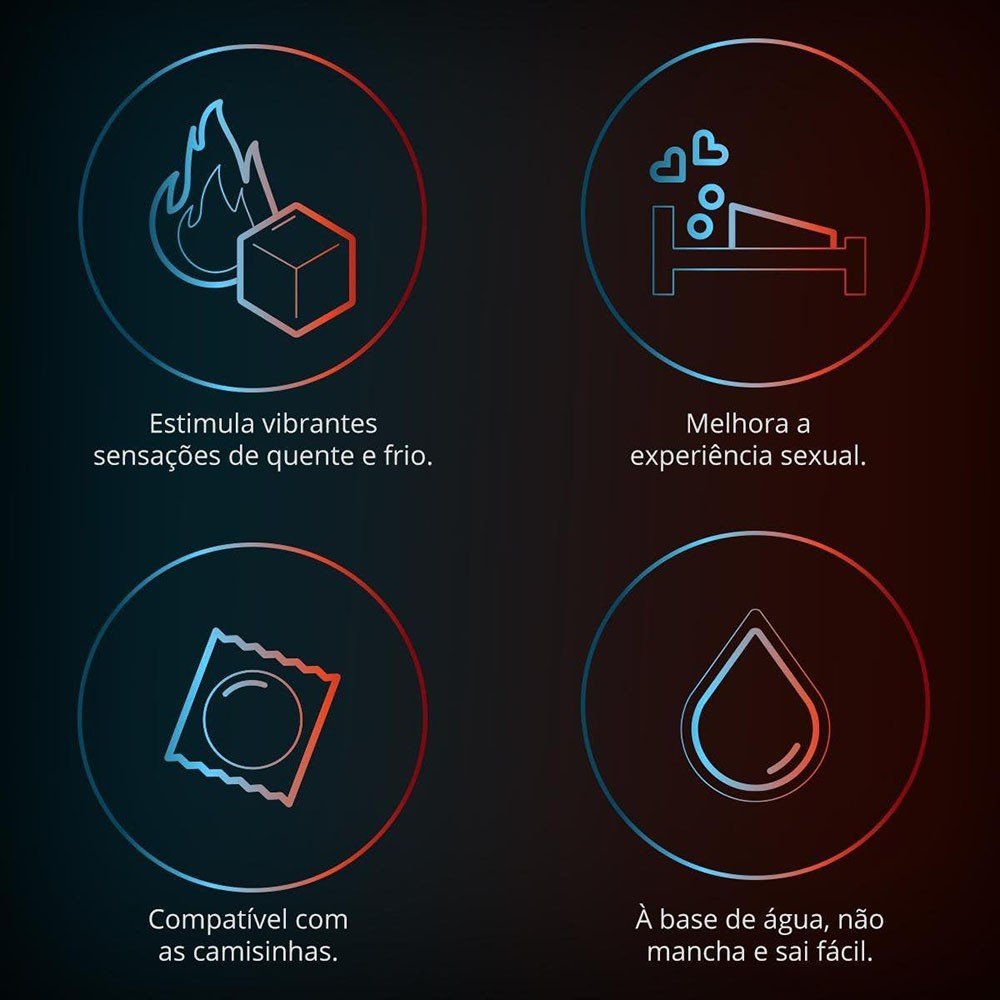 �cones representando os benef�cios do Lubrificante �ntimo Mix Sensations OLLA: sensa��es de quente e frio, melhora da experi�ncia, compat�vel com camisinha e � base d'�gua