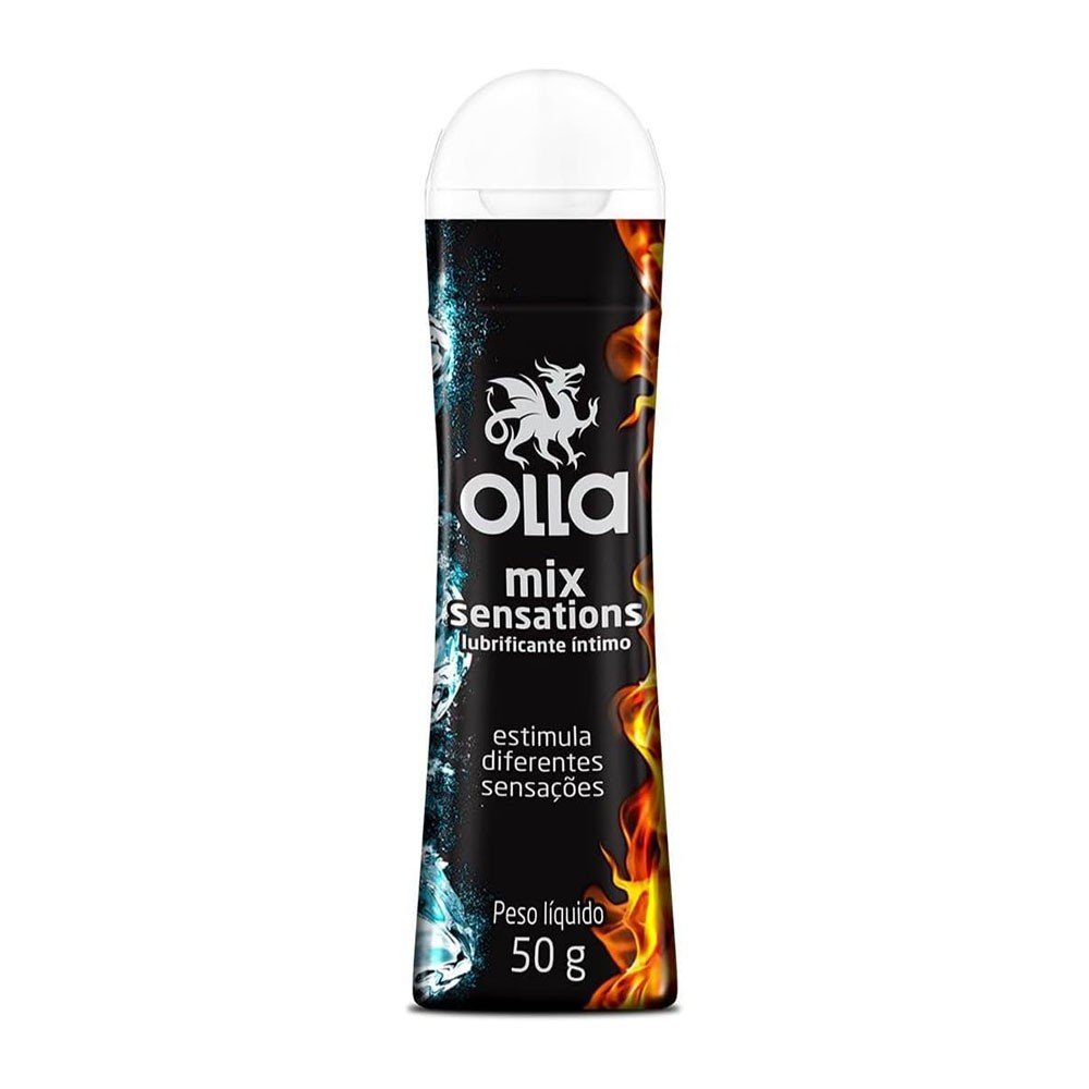 Lubrificante �ntimo Mix Sensations OLLA 50g em detalhe, com foco na tampa e no logotipo da marca