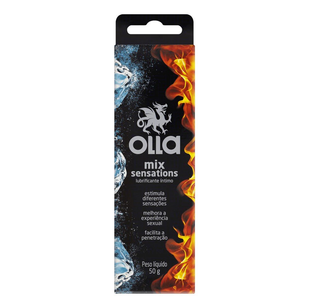 Embalagem do Lubrificante �ntimo Mix Sensations OLLA 50g em close, mostrando informa��es importantes sobre o produto