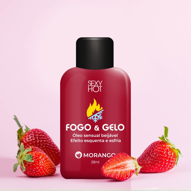 �leo para Massagem Fogo e Gelo Beij�vel Sabor Morango 38ml | Frasco em fundo vermelho com textura leve e foco no design do produto