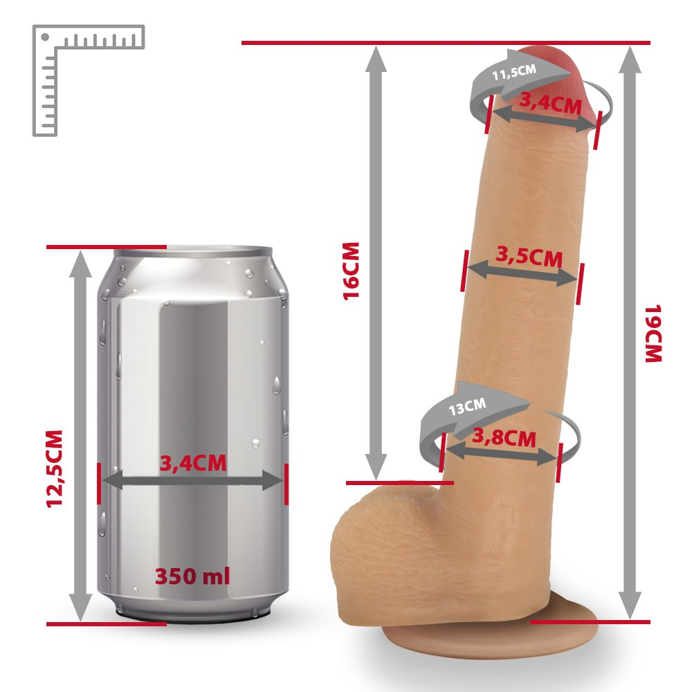 P�nis Real�stico Mike com Escroto e Ventosa, vista do produto em seu comprimento total, mostrando a ventosa e o escroto