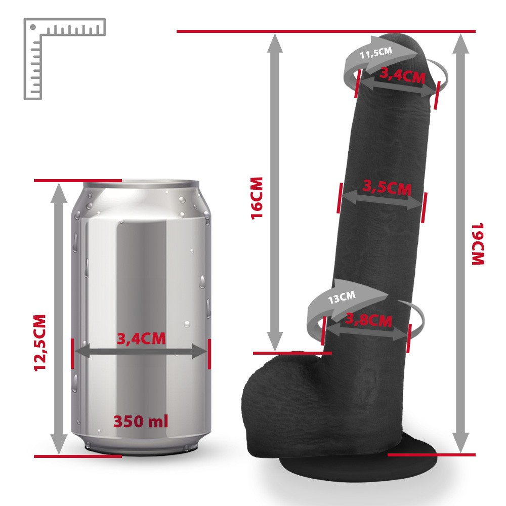 P�nis Real�stico com Escroto e Ventosa Mike, em PVC flex�vel preto, em vista completa do produto em um fundo simples