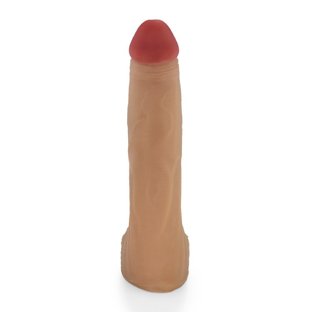 P�nis Real�stico com Escroto Bitelo - Dildo em PVC Flex�vel 29x6cm Bege: dildo em detalhe, mostrando a flexibilidade que o PVC oferece para diversas posi��es e conforto