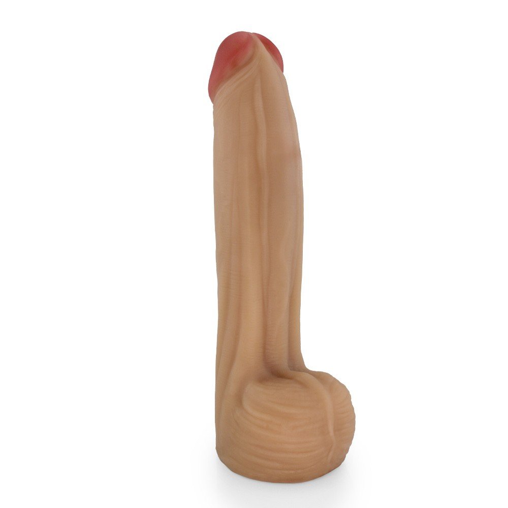 P�nis Real�stico com Escroto Bitelo - Dildo em PVC Flex�vel 29x6cm Bege: a base do dildo, mostrando o escroto anatomicamente correto, que agrega ainda mais realismo