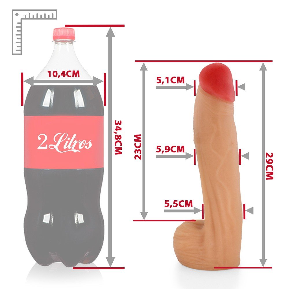P�nis Real�stico com Escroto Bitelo - Dildo em PVC Flex�vel 29x6cm Bege: vis�o geral do dildo, ressaltando seu tamanho de 29x6cm, ideal para quem busca dildos grandes e realistas