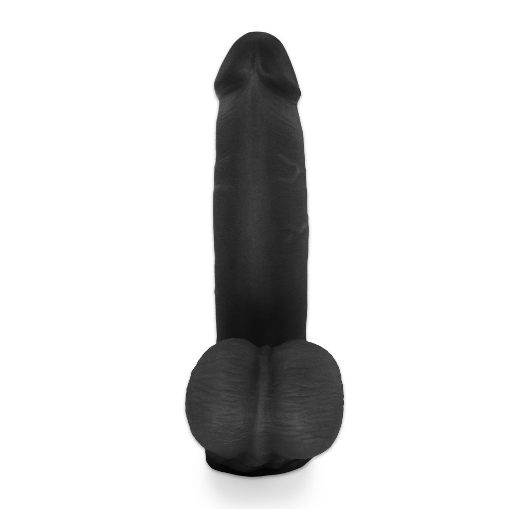 P�nis Real�stico com Escroto Amamba - Dildo em PVC Flex�vel 20x4,5cm Preto | Vista frontal do dildo preto, mostrando seu design alongado e o escroto na base.