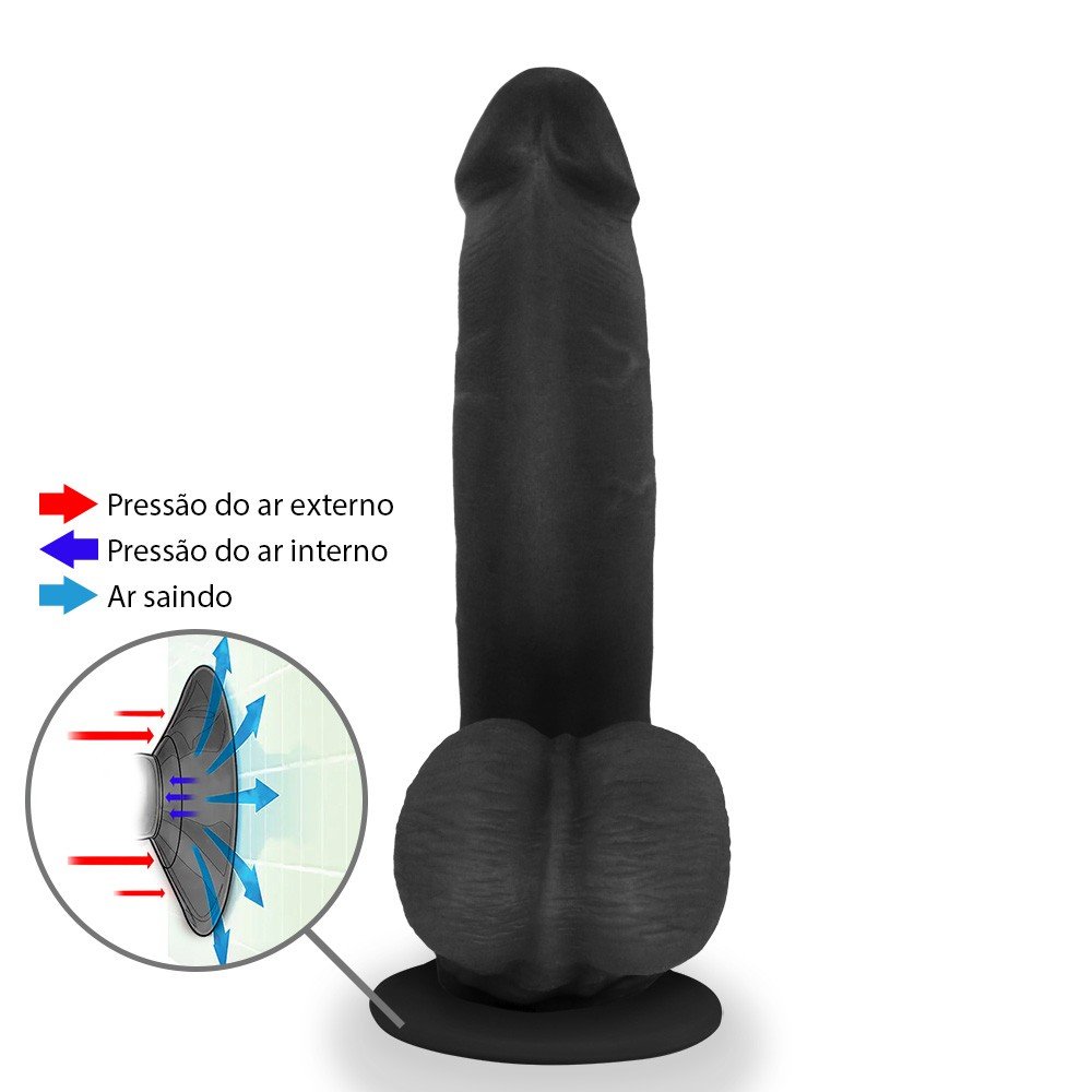 P�nis Real�stico com Escroto Amamba em vista lateral com diagrama de suc��o da ventosa, enfatizando o realismo e o material flex�vel.