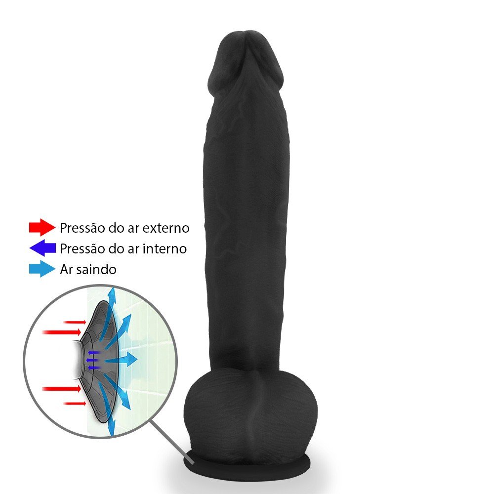 P�nis Real�stico com Escroto e Ventosa Surucucu - Dildo em PVC Flex�vel 28x5,5cm Preto, vista lateral com esquema de fixa��o da ventosa