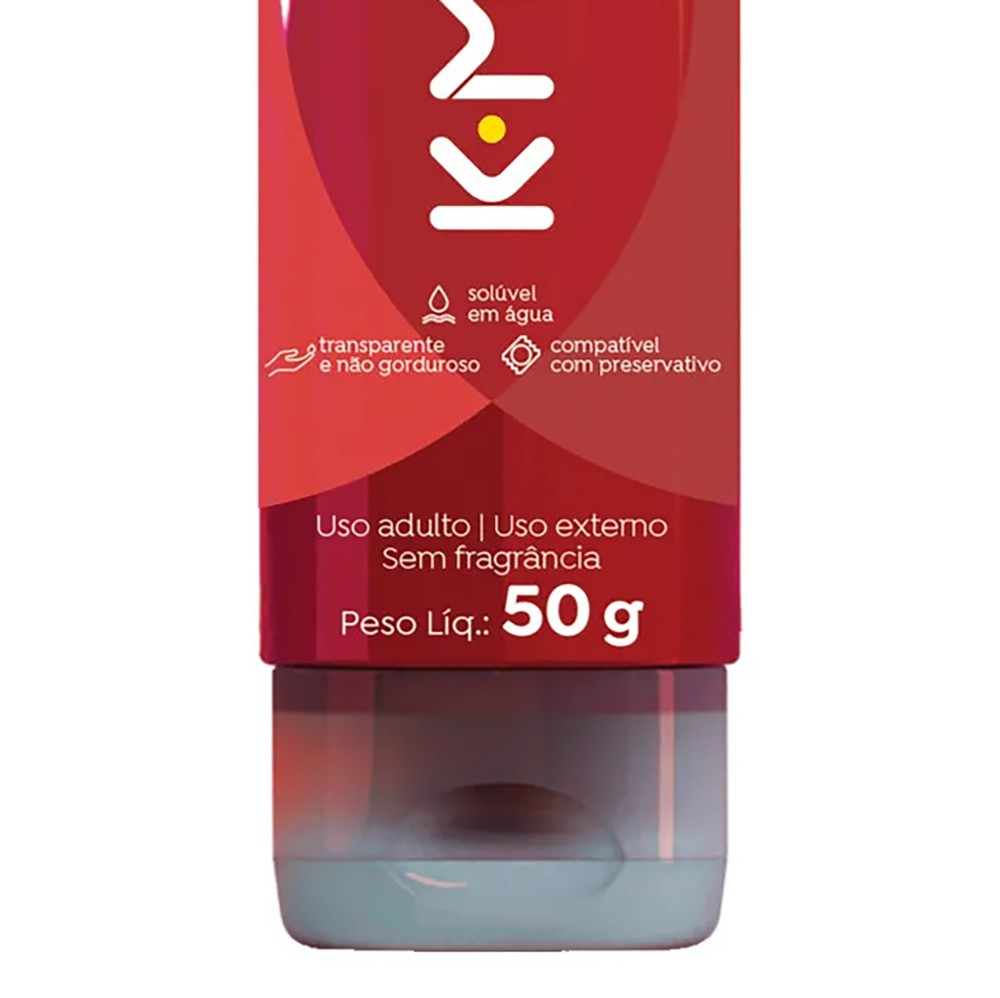 Frasco do K-Med Hot 50g em �ngulo diferente, exibindo o conte�do 'Peso L�q.: 50g' e as informa��es 'Uso adulto | Uso externo | Sem fragr�ncia'.