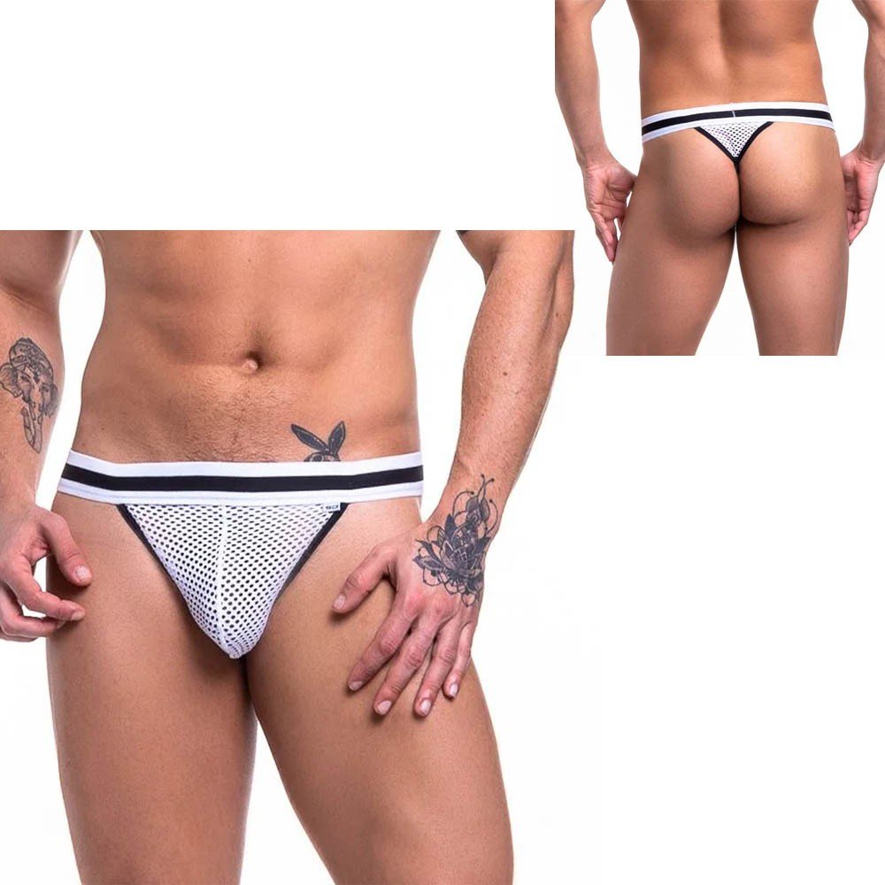 Cueca Sensual Fio Dental Jock em Tela e Elástico sem Forro Branca | Foto 01