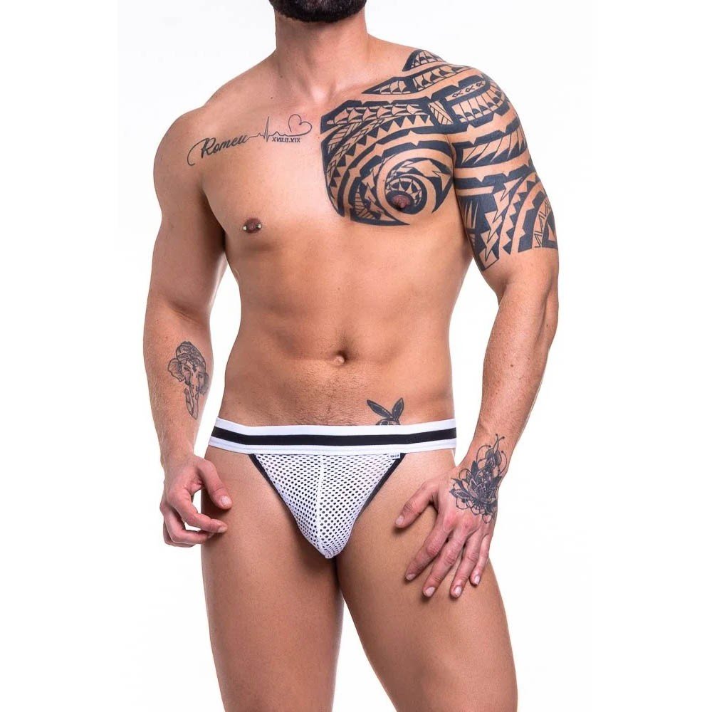 Cueca Sensual Fio Dental Jock em Tela e Elástico sem Forro Branca | Foto 03