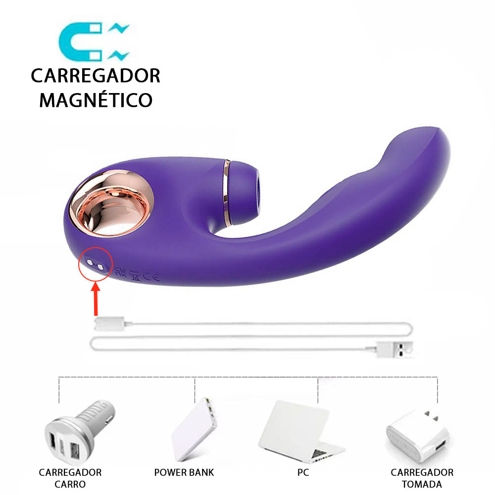 Detalhe do bico de tapping do Vibrador Duplo Joanna Roxo, mostrando a tecnologia de toques pulsantes para o clit�ris