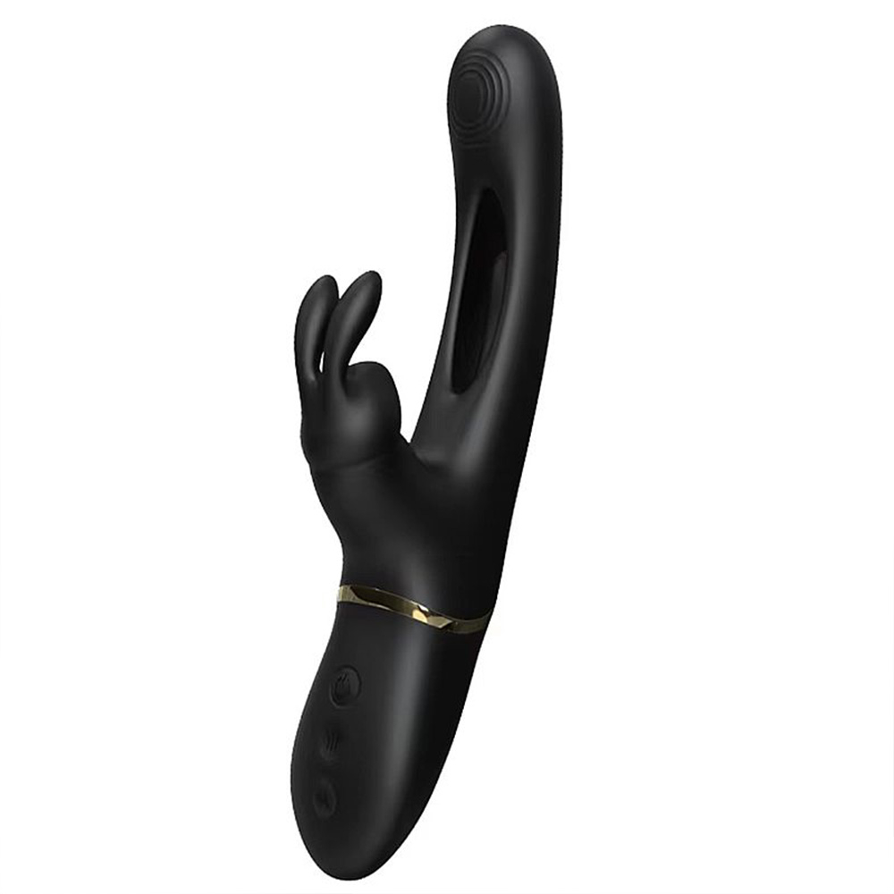 Vibrador Duplo Recarreg�vel Niko Preto em �ngulo que destaca curvas ergonomicadas e anel dourado