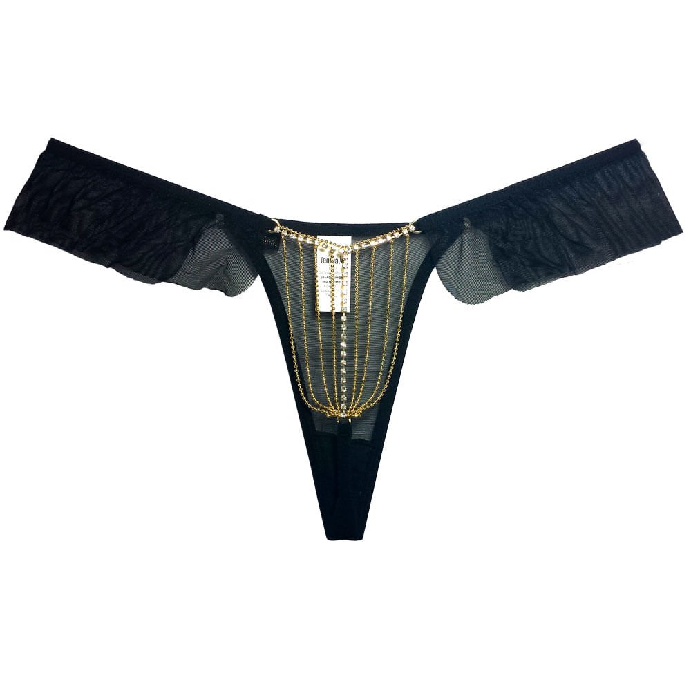 Calcinha string fio dental preta com babados e bijoux douradas na parte de tr�s destacando o bumbum feminino