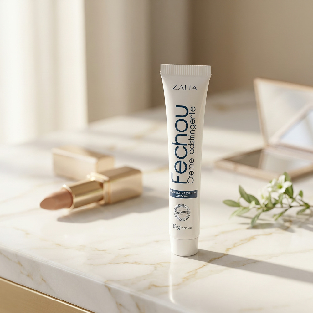 Gel Adstringente Fechou 15ml com reflexo em superf�cie branca, destacando o design clean e informa��es do r�tulo