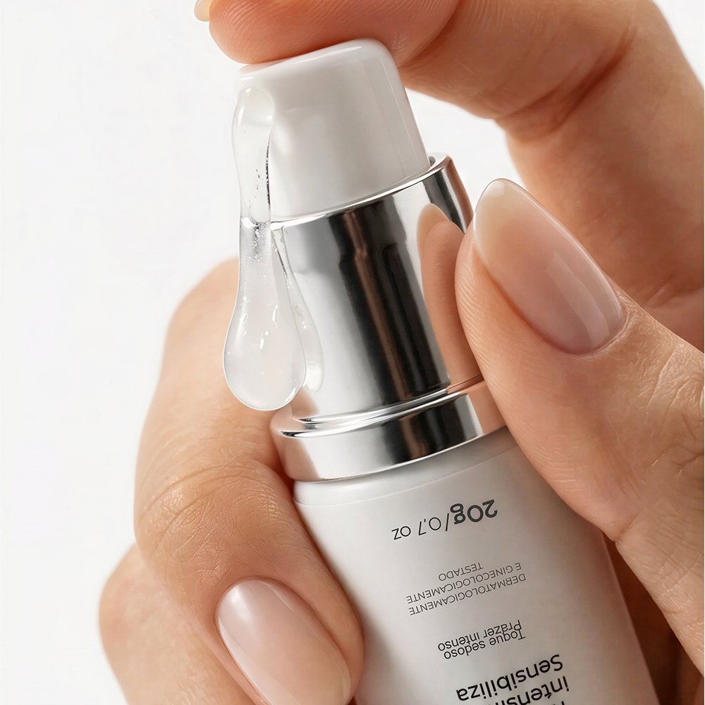 Detalhe do bico do aplicador do Gel Excitante Feminino Orgax, com duas gotas do gel transparente escorrendo, segurado por uma m�o feminina.