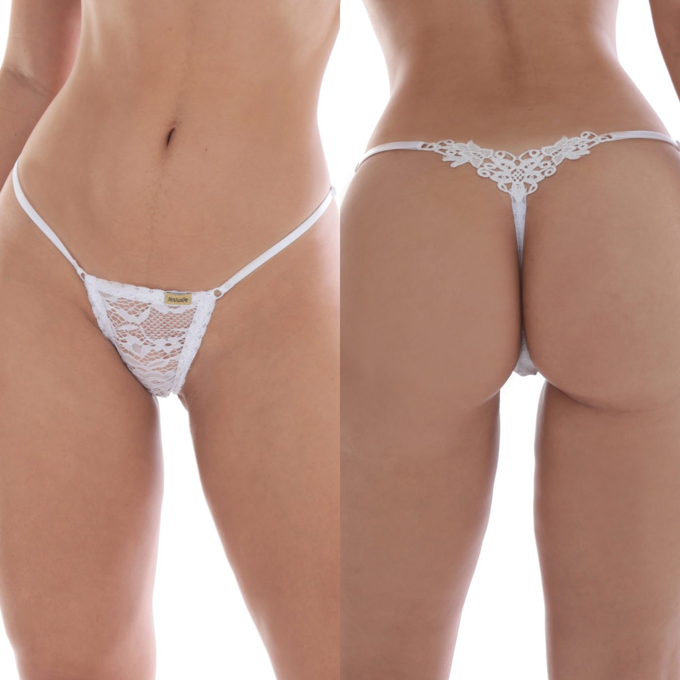 Calcinha String em Renda com Guipir Branco, vista frontal e traseira combinadas em fundo branco