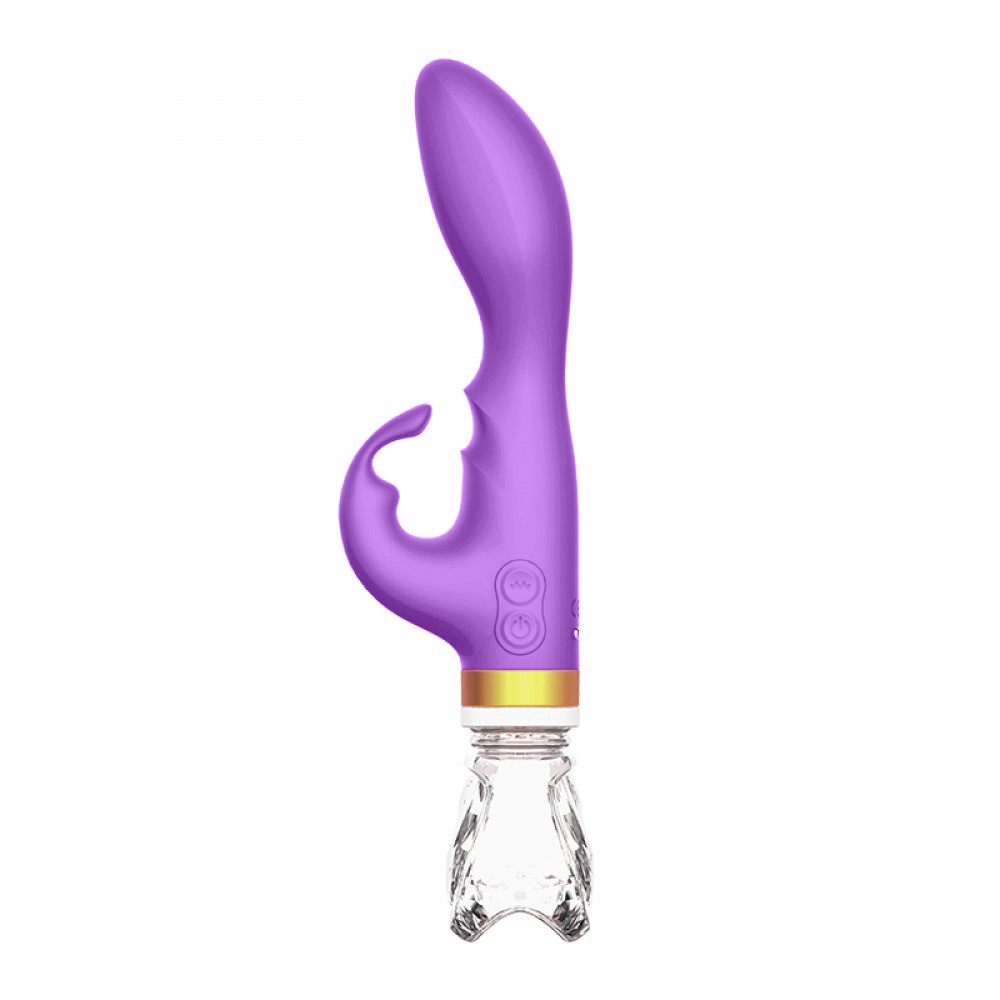 Vibrador Duplo Recarreg�vel em Silicone Roxo - Vista lateral do vibrador com base de vidro e bot�es de controle