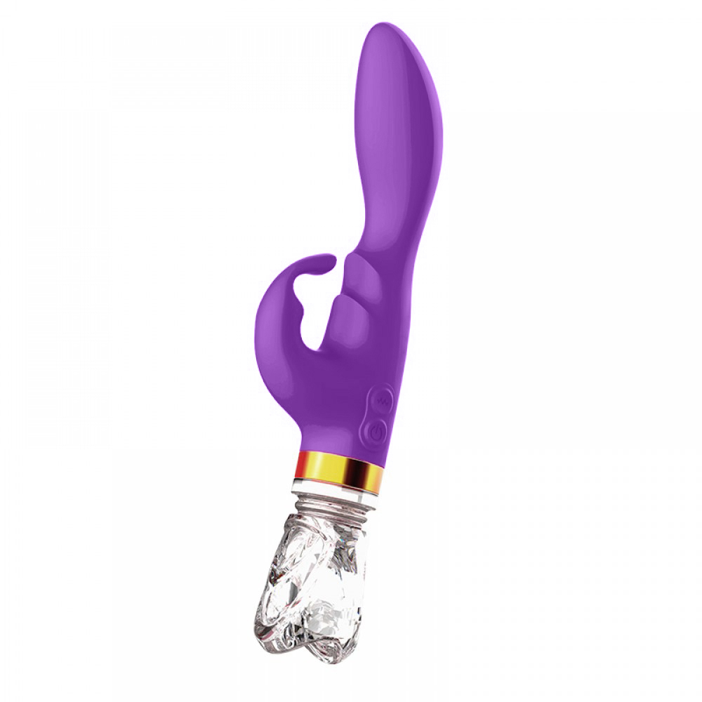 Vibrador Duplo em Silicone Roxo - Vista da parte traseira com a base em vidro transparente