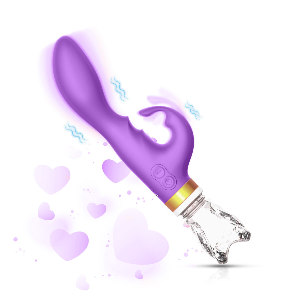 Vibrador de Silicone Roxo com Base de Vidro - Imagem que ilustra o vibrador em uso, com vibra��es e cora��es roxos